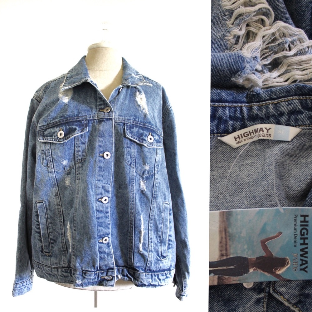 Highway NWT Destroyed Denim Jean Jacket XL Distressed Frayed Fringe